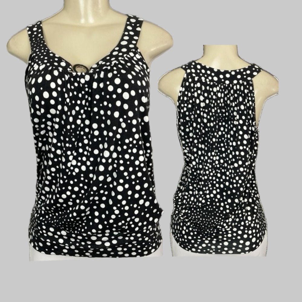 Spense L Black White Polka Dot V-Neck Blouson Tank Top Ring Detail